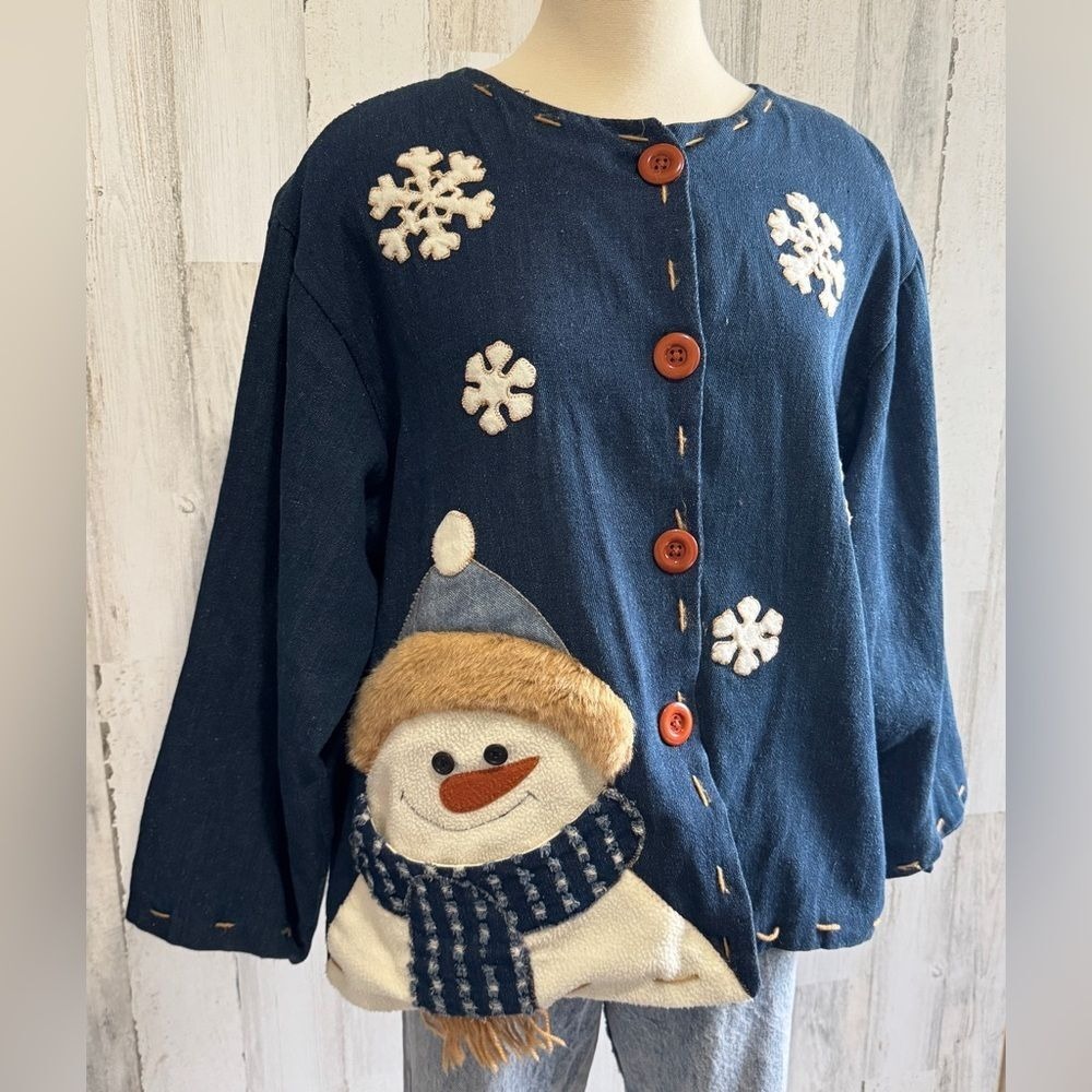 Vintage Snowman Cardigan denim One Size Fits Most Fun Holiday Sweater - Picture 2 of 9